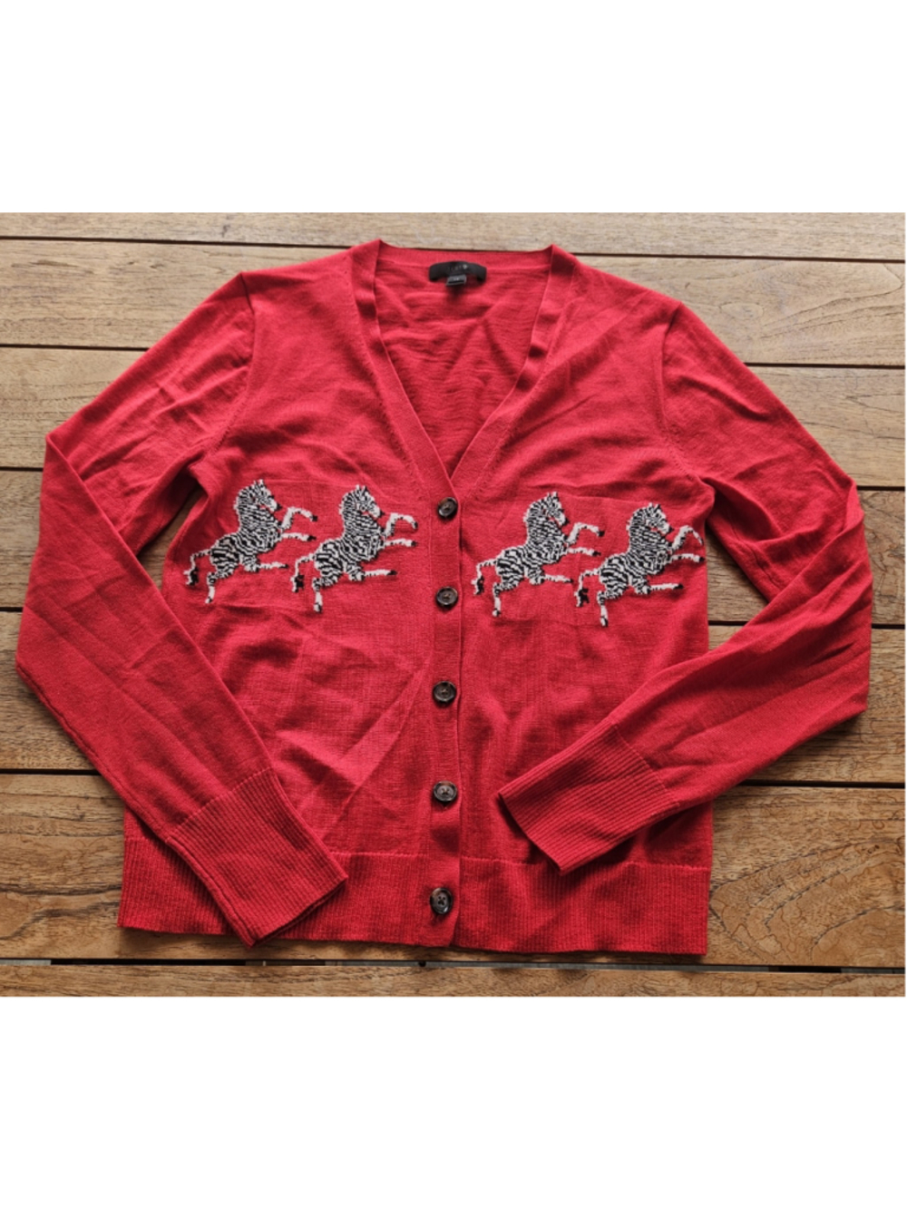 J.Crew Featherweight Merino Wool Dancing Zebra Cardigan Red Rare Archival XS